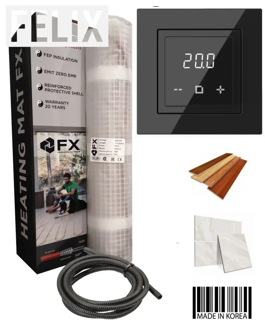 Нагрівальний мат Felix mat (Корея) 750 Вт 5.0 м2 (10 м.п.) у тефлоновій ізоляції з Wi-Fi програматором