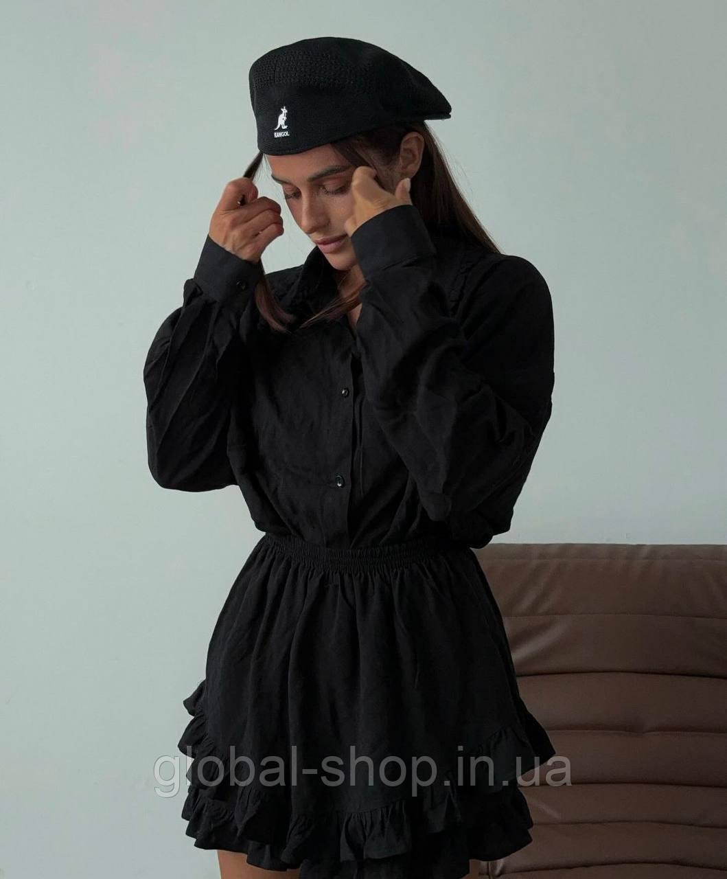 Тренд року жіноча спідниця софт із рюшами чорна, з поясом на гумці