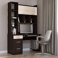 Комп'ютерний стіл вузький для навчання Школяр-6 з полицями та надбудовою стіл для ноутбука з венге+дуб молочний
