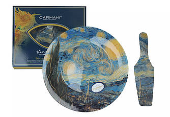 Скляна тарілка для торта з лопаткою Ван Гог Зіркова ніч Carmani d-30 см(198-1224)