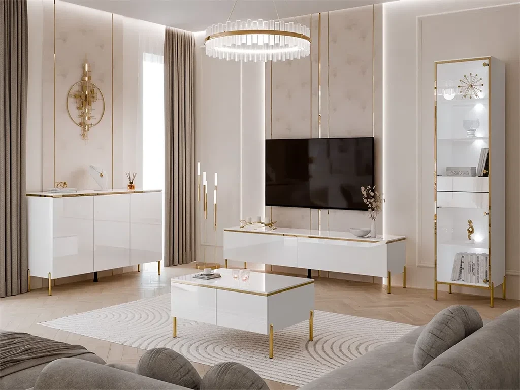 Набір меблів для вітальні на прямих ніжках Aurora Gloss (білий глянець/золотий), фото 1