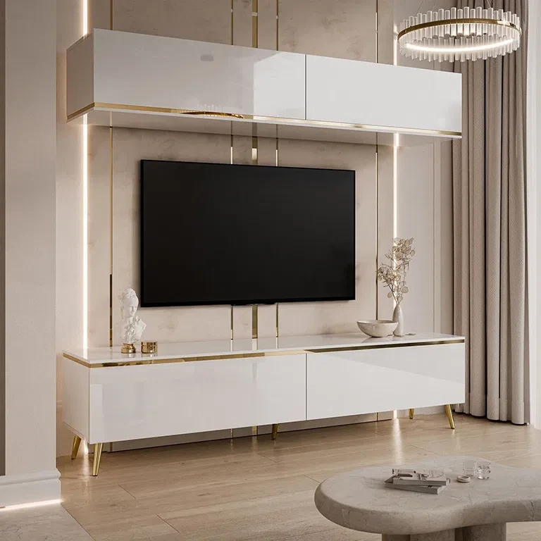 Меблева стінка на косих ніжках Aurora Gloss (білий глянець/золотий), фото 1