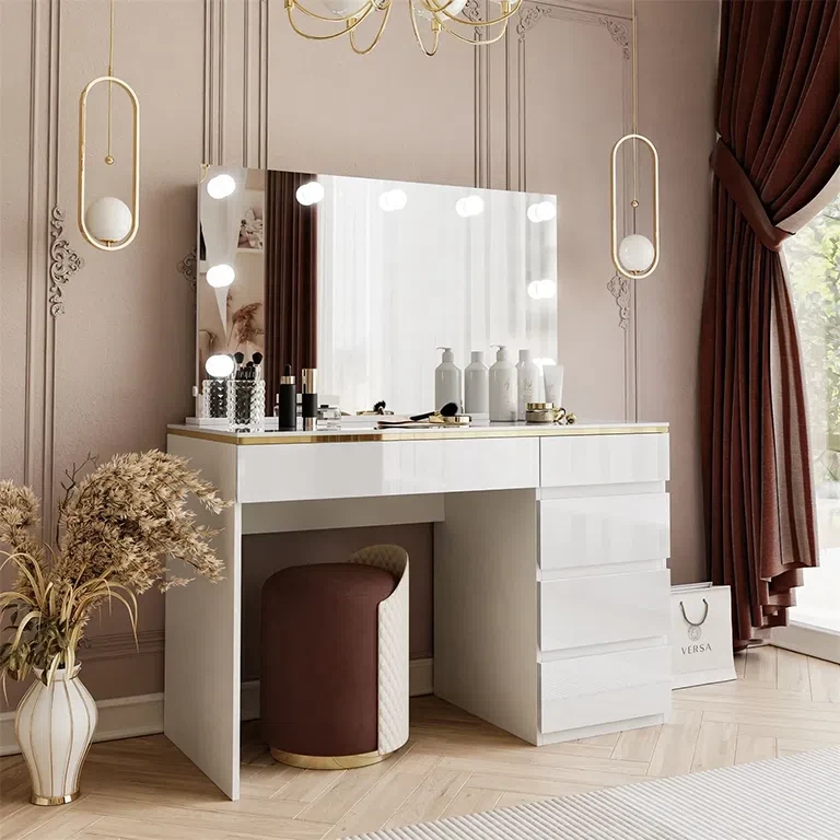 Туалетний столик з дзеркалом Aurora Gloss II Elite (білий глянець/золотий), фото 1