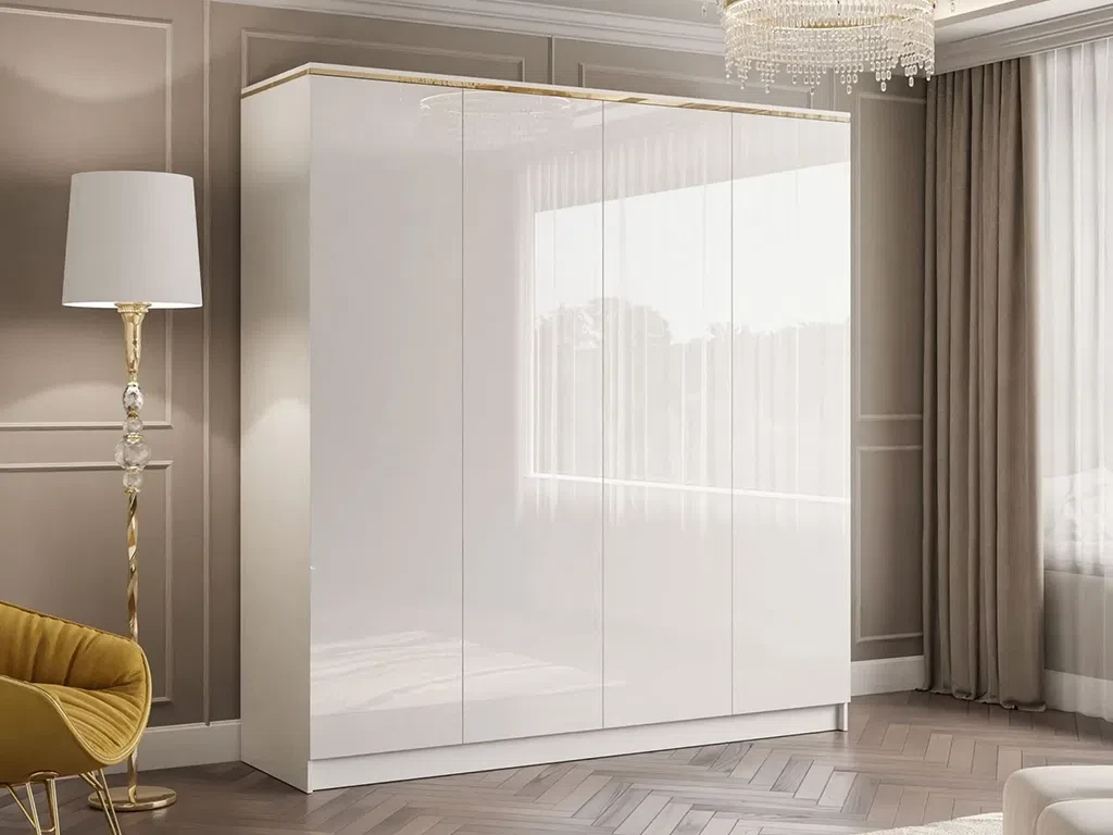 Гардеробна шафа без ручок Aurora Gloss 4D (білий глянець/золотий), фото 1