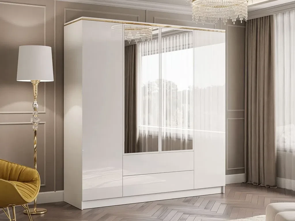 Гардеробна шафа з дзеркалом Aurora Gloss 4D2S (білий глянець/золотий)