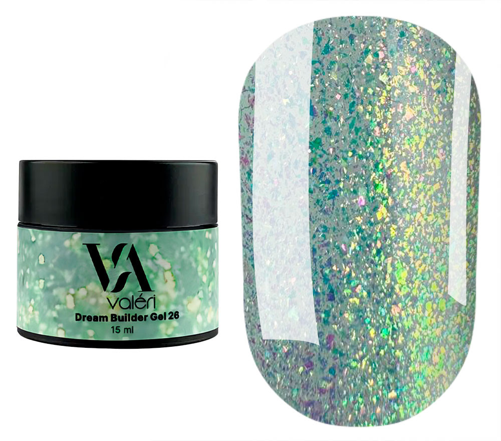 Гель для нарощування Valeri Dream Builder Gel, 15 мл №026, зелений із золотим відблиском