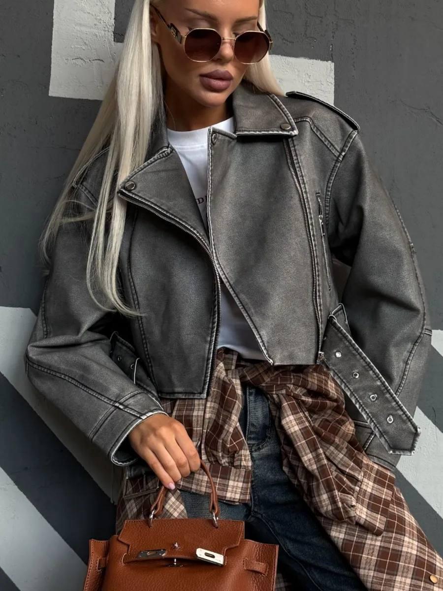 Жіноча базова весняна укорочена косуха в стилі Zara з поясом вареня куртка еко демісезонна шкіра