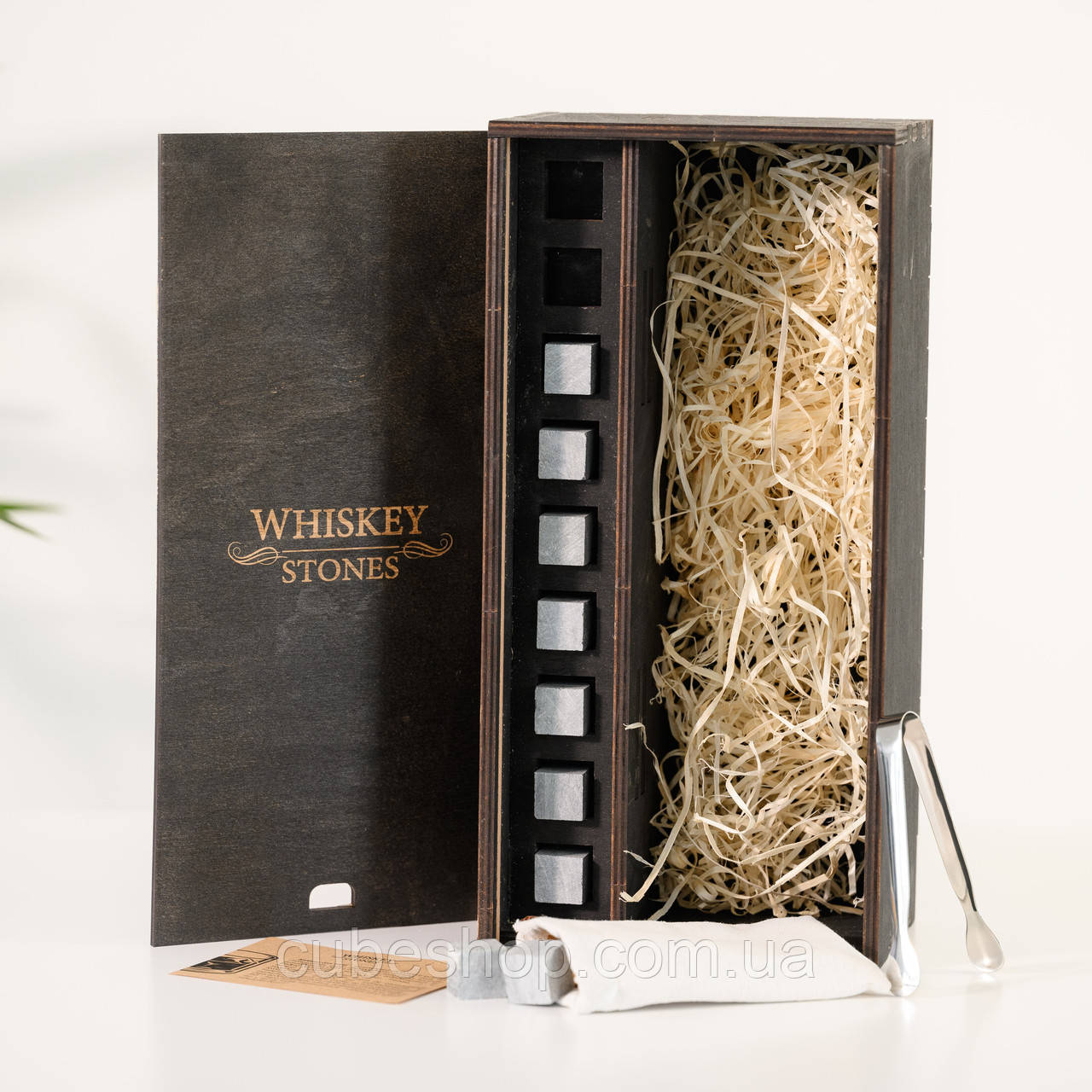 Камені для віскі (9 шт.) Whiskey Stones в дерев'яній коробці з місцем під пляшку, фото 1