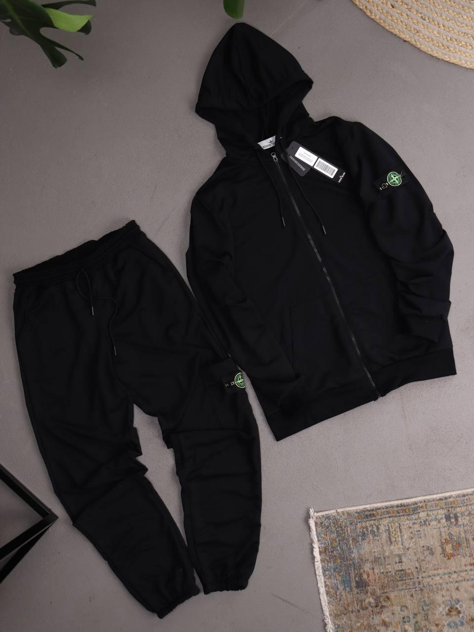 Чоловічий спортивний костюм Stone Island Толстовка + Штани чорний з капюшоном на блискавці Стон Айленд