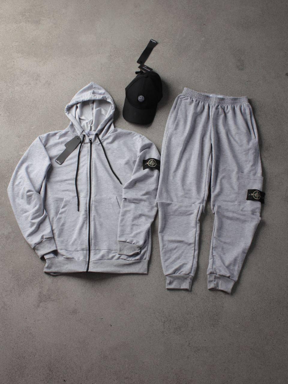 Чоловічий спортивний костюм Stone Island Толстовка + Штани + Кепка сірий з капюшоном на блискавці Стон Айленд