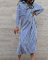 Женское летнее льняное платье-рубашка в полоску с воротником размеры 42-48