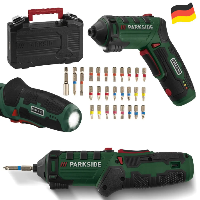 Акумуляторна викрутка шуруповерт Parkside PSSA 4 B2 з набором біт та ліхтариком, фото 1