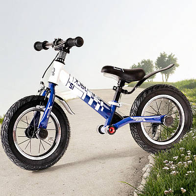 Тренувальний велосипед синій дитячий біговел біцикл 12" хлопчикові для навчання катанню Дзвінок підніжка крила