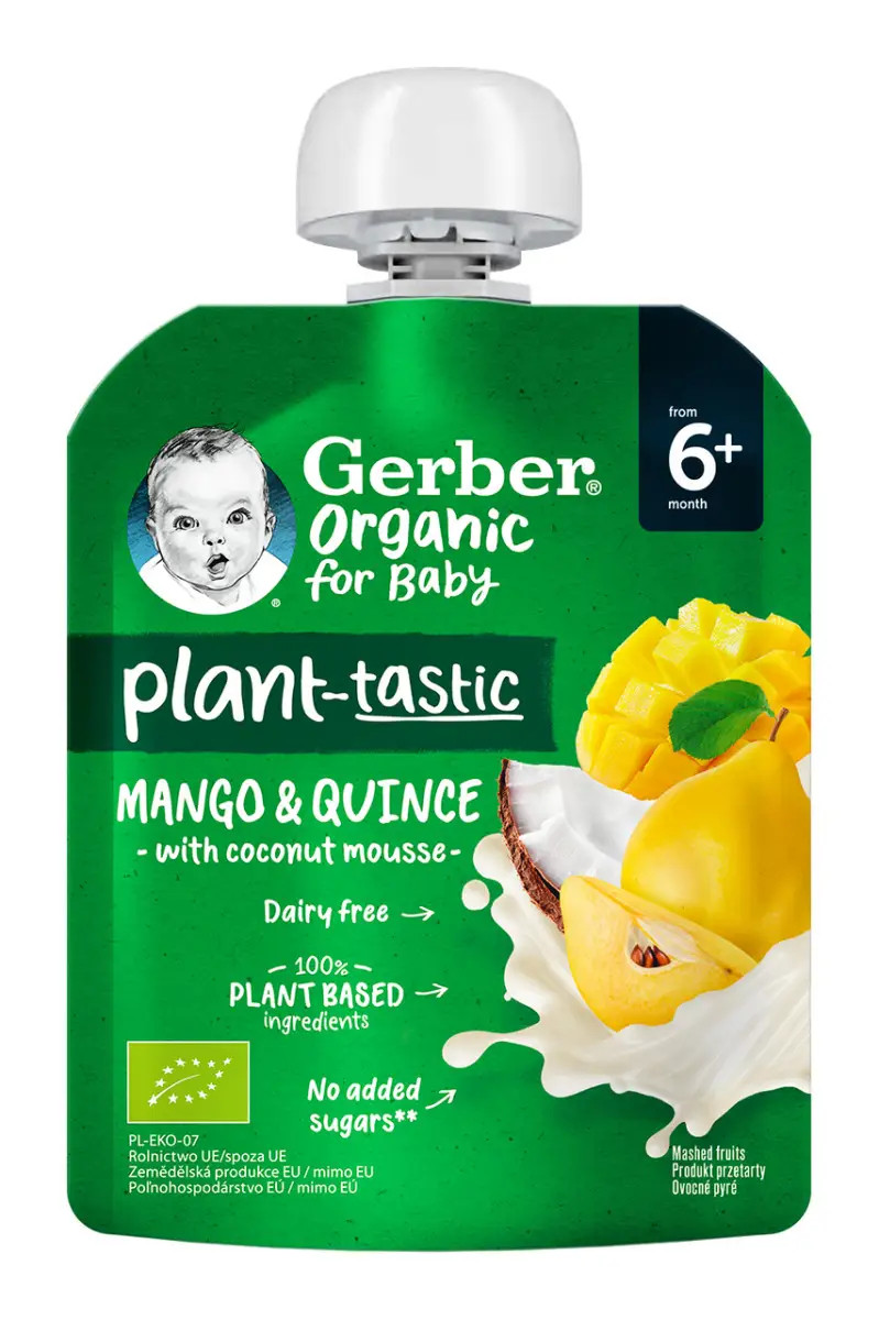 Пюре фруктове Gerber Organic з манго, айвою та кокосовим мусом з 6 місяців, 80г. (Гербер)