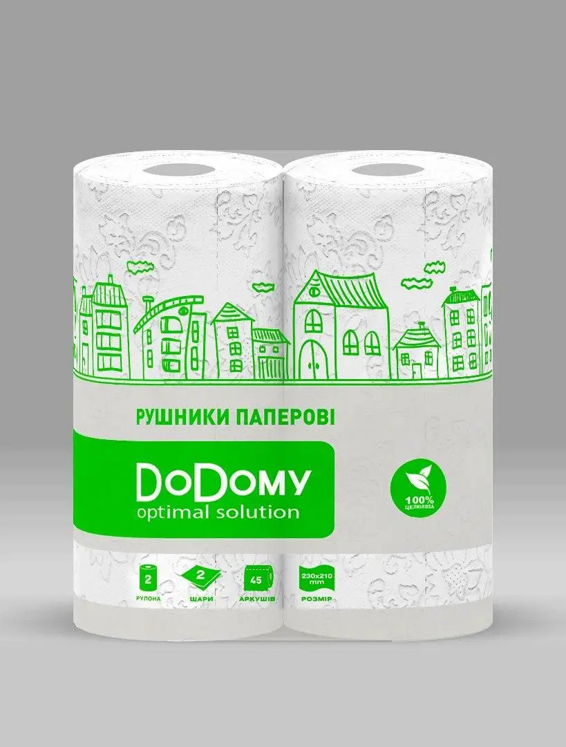 Паперові рушники білі DoDomy двошарові 2 рулони, фото 1