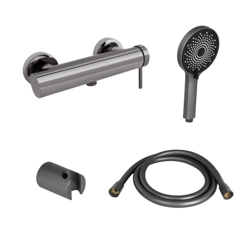 Комплект для душу Qtap Robin Black Chrome: Змішувач QTROB4060102K + Тримач QT829910842854GRP + Шланг