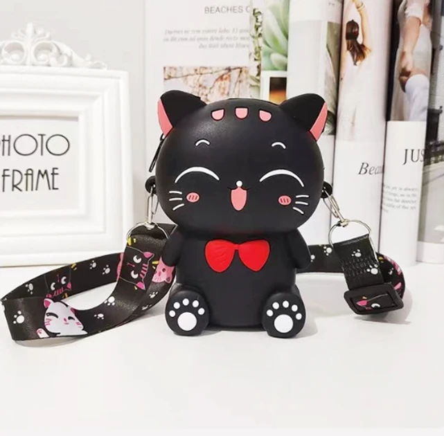 Сумка силіконова Кішечка через плече для дівчинки дитяча 19X6X12 см чорна, фото 1