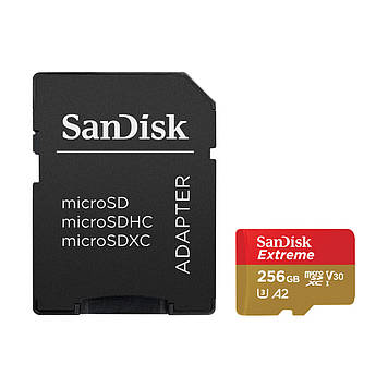 Карта пам'яті 256 ГБ microSDXC UHS-I U3 A2 SanDisk Extreme SDSQXAV-256G-GN6MA, швидкість читання 190 МБ/с, клас U3