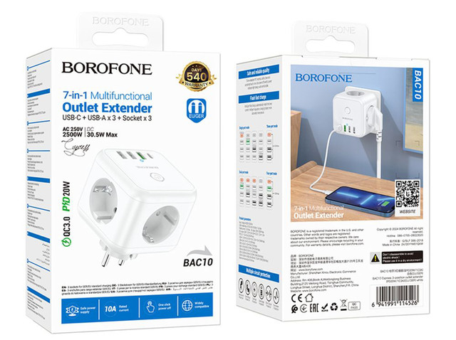 Сетевое ЗУ адаптер-тройник Borofone BAC10 3*EU, 3*USB, 1*Type-C Сетевое ЗУ адаптер-тройник Borofone BAC10 3*EU, 3*USB, 1*Type-C