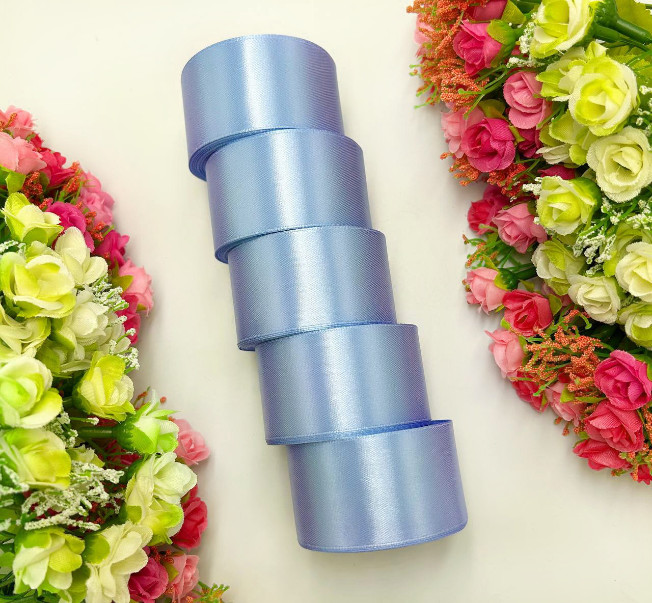 Атласна стрічка для рукоділля - 4 см x 23 м (опт, 5 рулонів) / Джинс, фото 1