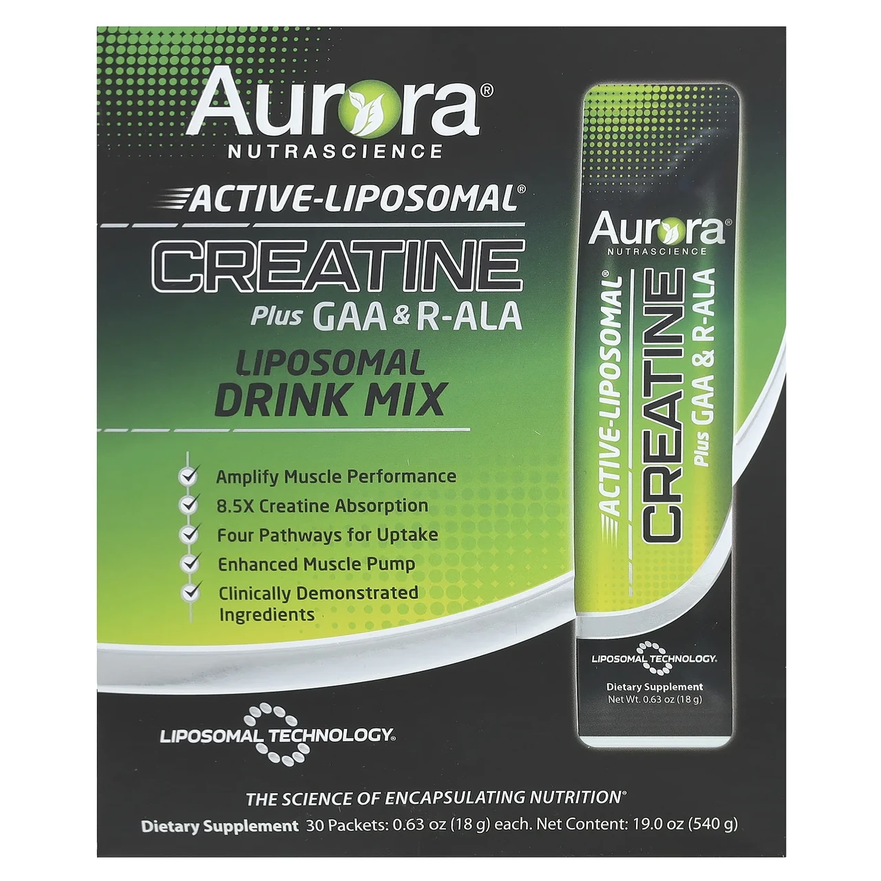 Aurora Nutrascience, Active Liposomal®, креатин із ГАА й р-АЛК, 30 пакетиків по 18 г (0,63 унції), фото 1