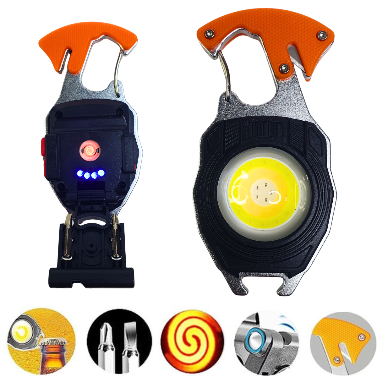 Акумуляторний міні ліхтарик-брелок на карабіні з магнітом, запальничкою, відкривачкою та викруткою AND-5147, фото 1