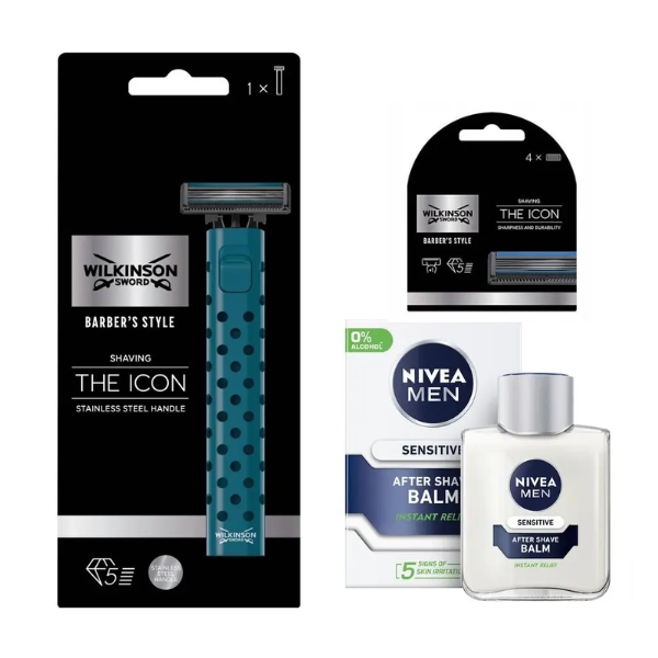 Станок Wilkinson Sword Barber's Style The Icon + 4 касети + Nivea Men Sensitive бальзам після гоління 100 мл