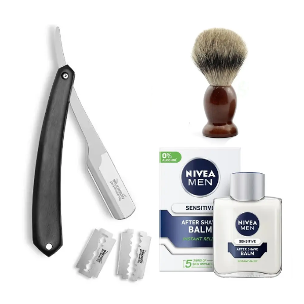 Небезпечна бритва Wilkinson Sword Barber's Style The Pioneer + Помазок Shima + Nivea Men Sensitive бальзам після гоління 100 мл