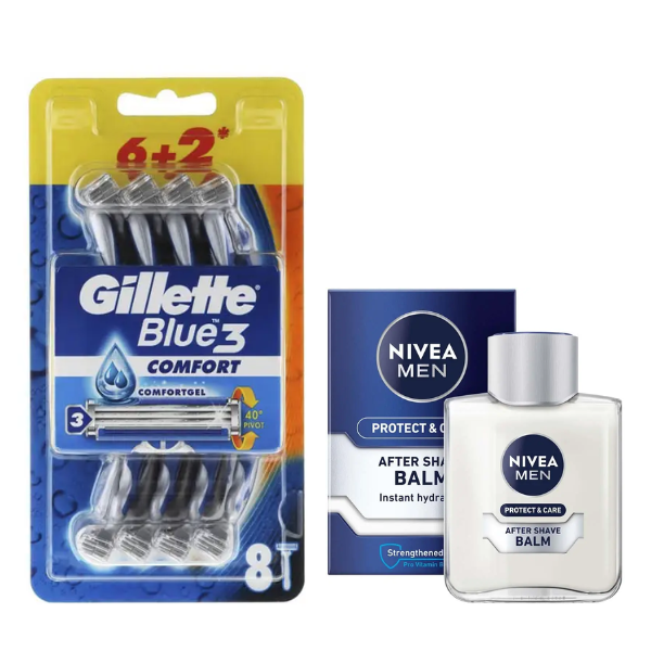 Набір одноразових станків для гоління Gillette Blue 3 Comfort Original (8 шт.) + Бальзам після гоління Nivea Men Protect & Care