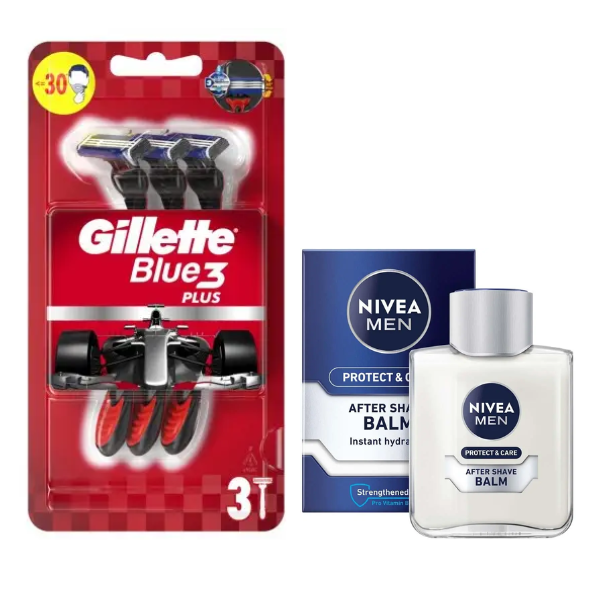 Набір одноразових станків для гоління Gillette Blue 3 Plus Red (3 шт.) + Бальзам після гоління Nivea Men Protect & Care 100 мл