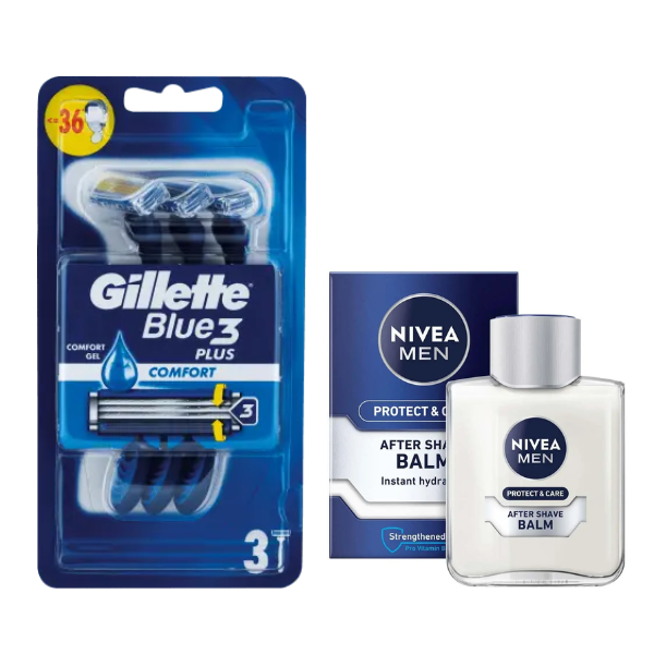 Набір Gillette Blue 3 Plus Comfort (3 шт) + Бальзам після гоління Nivea Men Protect & Care 100 мл