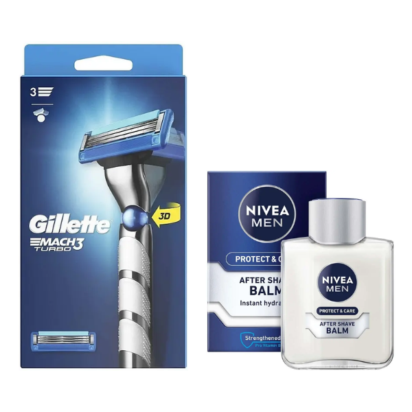 Станок для гоління Gillette Mach3 Turbo 3D Motion (1 картридж) + Бальзам після гоління Nivea Men Protect & Care 100 мл