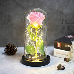 Трояда в колбі з LED підсвічуванням 20 см, Рожева / Вічна троянда під куполом / Квітка-нічник у колбі