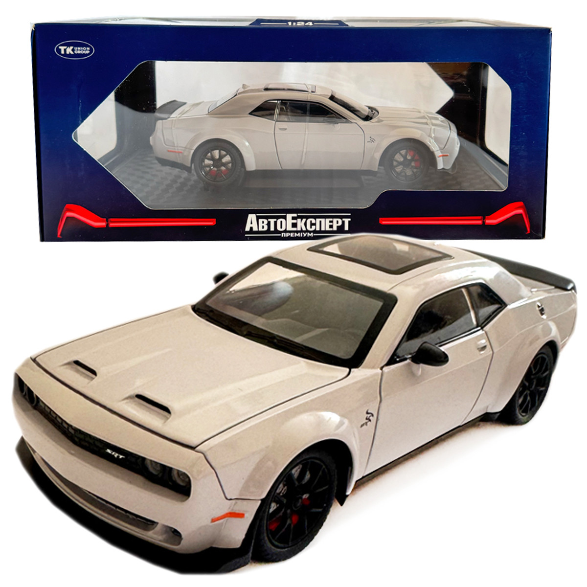 Машинка металева Dodge Challenger SRT Додж сіра 1:24 звук світло відкр двері баг капот 20*7*5,5см (GT-12099), фото 1