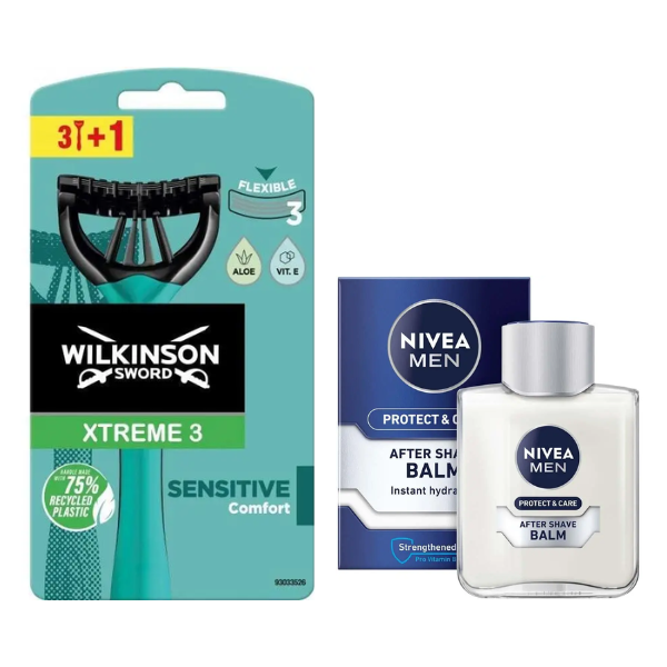 Чоловічі одноразові станки Wilkinson Sword Xtreme 3 Sensitive 3+1 + Бальзам Nivea Men Protect & Care 100 мл