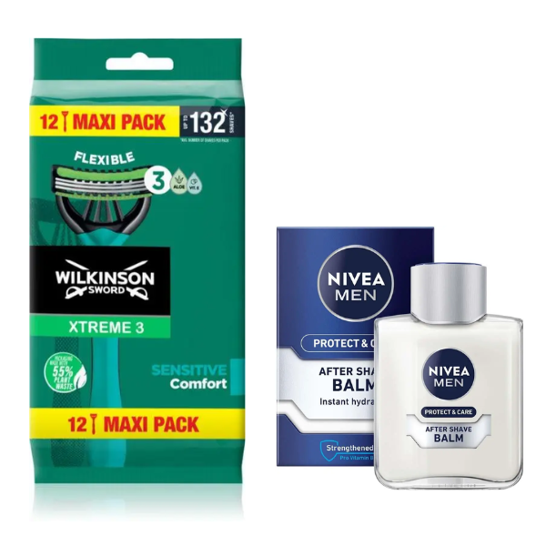 Одноразові станки Wilkinson Sword Xtreme 3 Sensitive (12 шт.) + Бальзам Nivea Men Protect & Care 100 мл