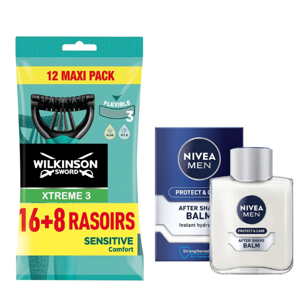 Одноразові станки Wilkinson Sword Xtreme 3 Sensitive (16+8 шт.) + Бальзам Nivea Men Protect & Care 100 мл