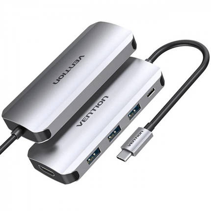 USB HUB Vention 5 in 1 Type-C-HDMI-USB 3USB 1Type-C PD 100W Gray (THFHB), фото 1