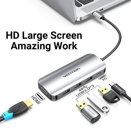 USB HUB Vention 5 in 1 Type-C-HDMI-USB 3USB 1Type-C PD 100W Gray (THFHB), фото 2