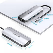 USB HUB Vention 5 in 1 Type-C-HDMI-USB 3USB 1Type-C PD 100W Gray (THFHB), фото 3