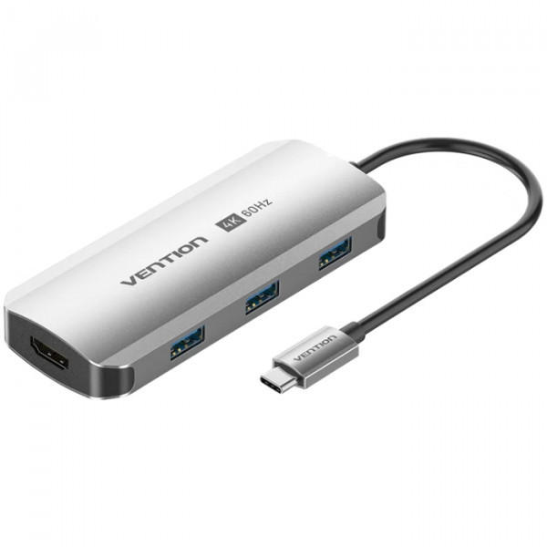 USB HUB Vention 5 in 1 Type-C-HDMI-USB 4K60Hz 3USB 1Type-C PD 100W Gray (TQDHB)