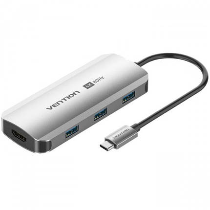USB HUB Vention 5 in 1 Type-C-HDMI-USB 4K60Hz 3USB 1Type-C PD 100W Gray (TQDHB), фото 1