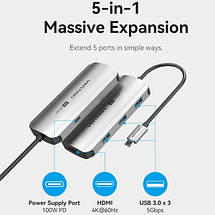 USB HUB Vention 5 in 1 Type-C-HDMI-USB 4K60Hz 3USB 1Type-C PD 100W Gray (TQDHB), фото 4