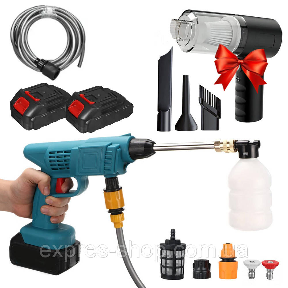 Мийка високого тиску, 2 АКБ +  Автопилосос AS-228 / Автомобільна міні мийка / Бездротова мийка, фото 1