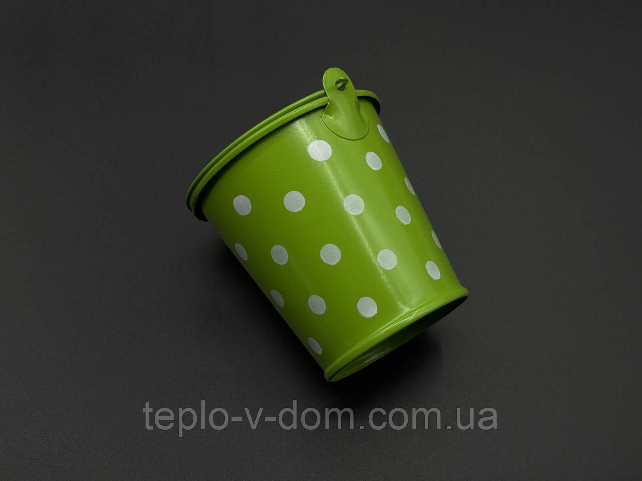 Декоративне відерце для квітів металеве Колір зелений+білий горошок. 7х7х5,2см