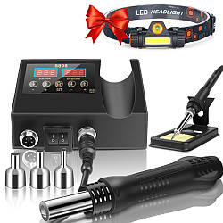 Паяльна станція 2в1 + Подарунок Налобний ліхтар BL-8101 / Набір для паяння фен з паяльником / Термофен паяльний