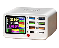 Зарядна станція на 8 портів USB + Type-C 65W з бездротовою зарядкою QC3.0 з РК-дисплеєм