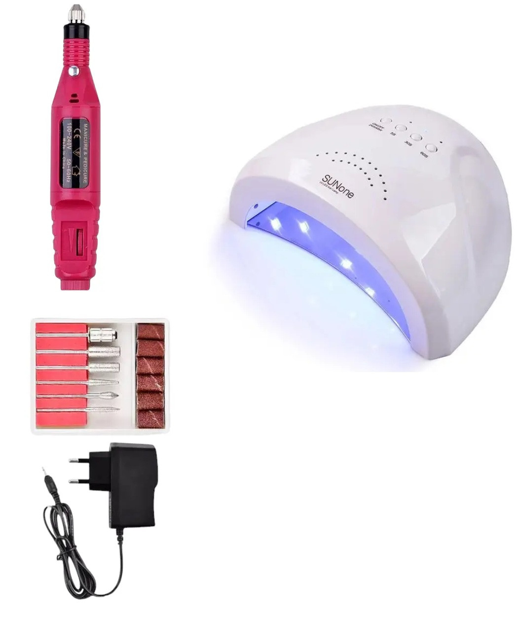 Комплект майстра-манікюру-початківця: ручка-фрезер з насадками, лампа SUN, фото 1