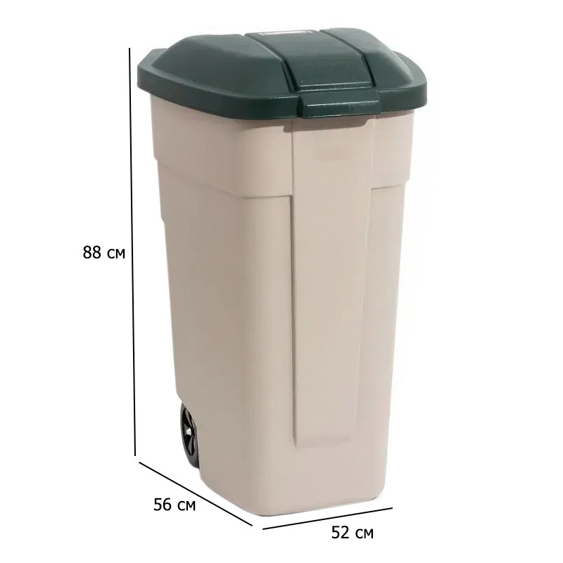 Бак для сміття на колесах 110 л Refuse Bin 52х56 см бежево-зелений пластиковий з кришкою, фото 1