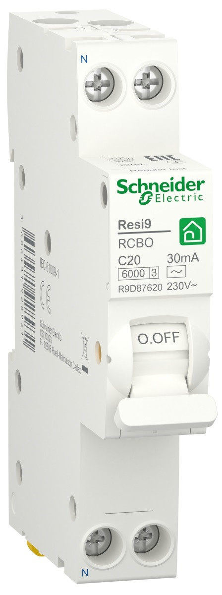 ДИФ АВТ RESI9 6kA 1M 1P+N 20A C 30mA АC, Schneider Electric